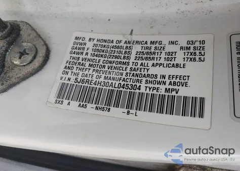2010 Honda Cr-V Lx from USA, damaged, VIN 5J6RE4H30AL045304
